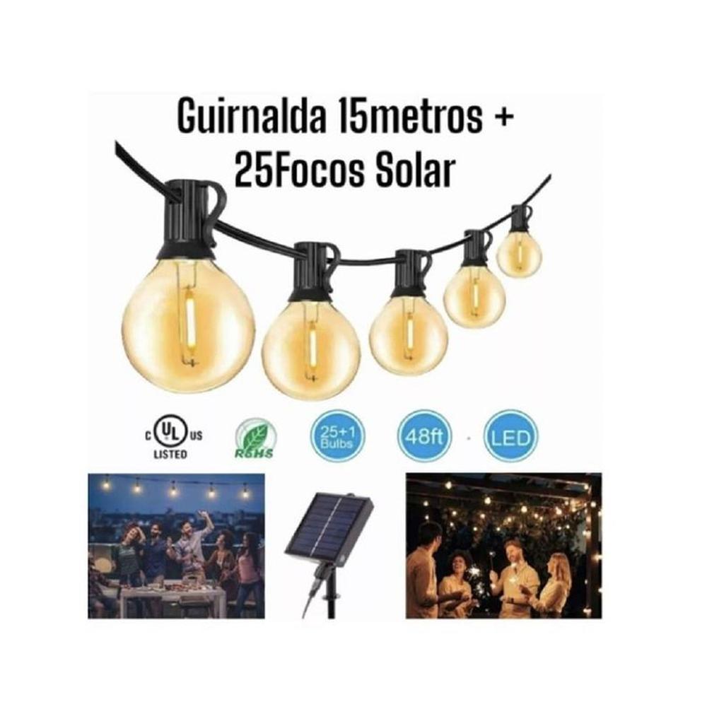Luces Guirnaldas Led 25 Focos 15Metros Para Jardín Exterior SOLAR