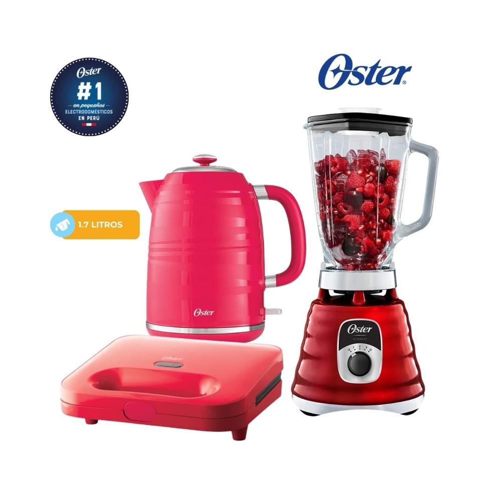 Combo Oster Licuadora 1.5 Litros Vaso de Vidrio - Hervidor 1.7 Lt - Sandwichera