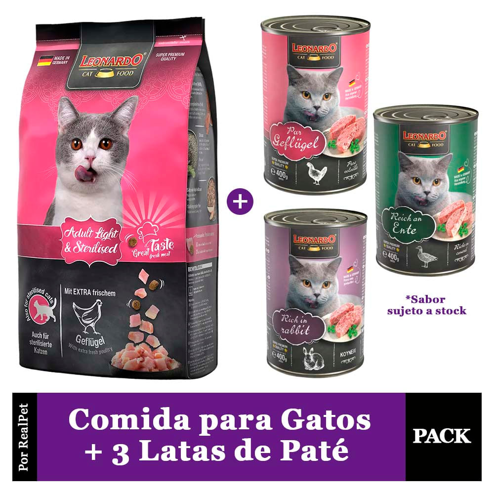Comida Gato Adulto esterilizado Leonardo 7.5 kg + 3 Patés