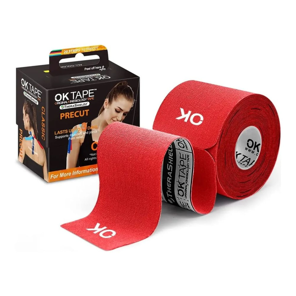 Ok Tape Clasic Kinesiotape, Venda Kinesiologica Rojo 20 Tiras Precortadas