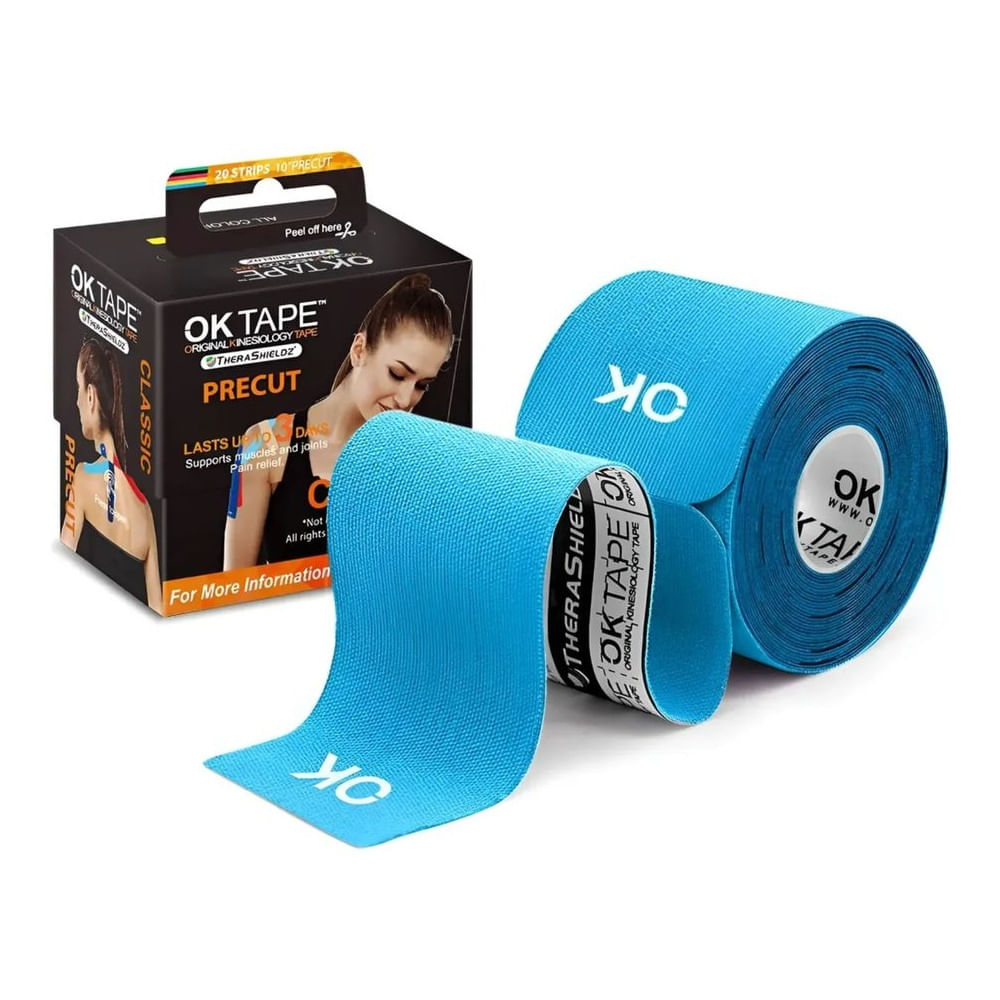 Ok Tape Clasic Kinesiotape, Venda Kinesiologica Celeste (20 Tiras Precortadas)
