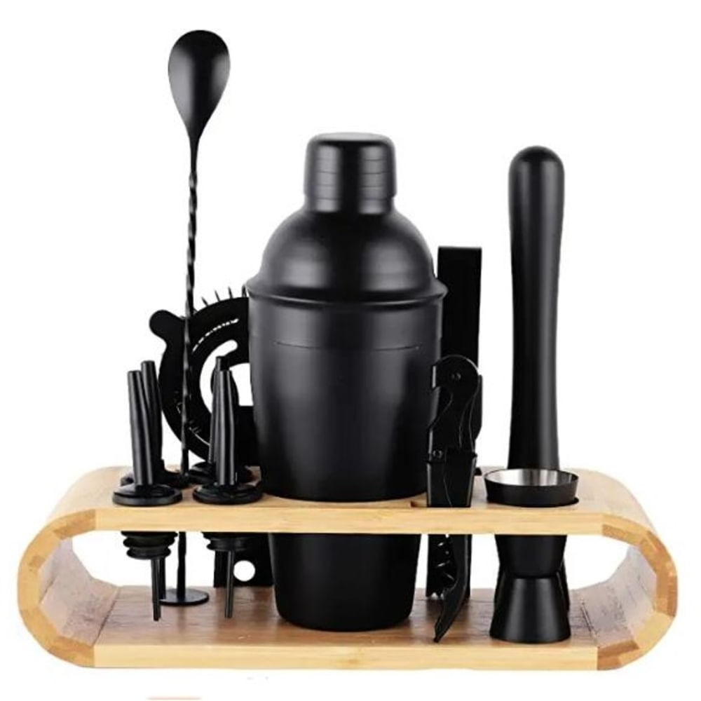 Set de Barman 12 Piezas Cocteleria Acero Inoxidable Negro Base de Bambu