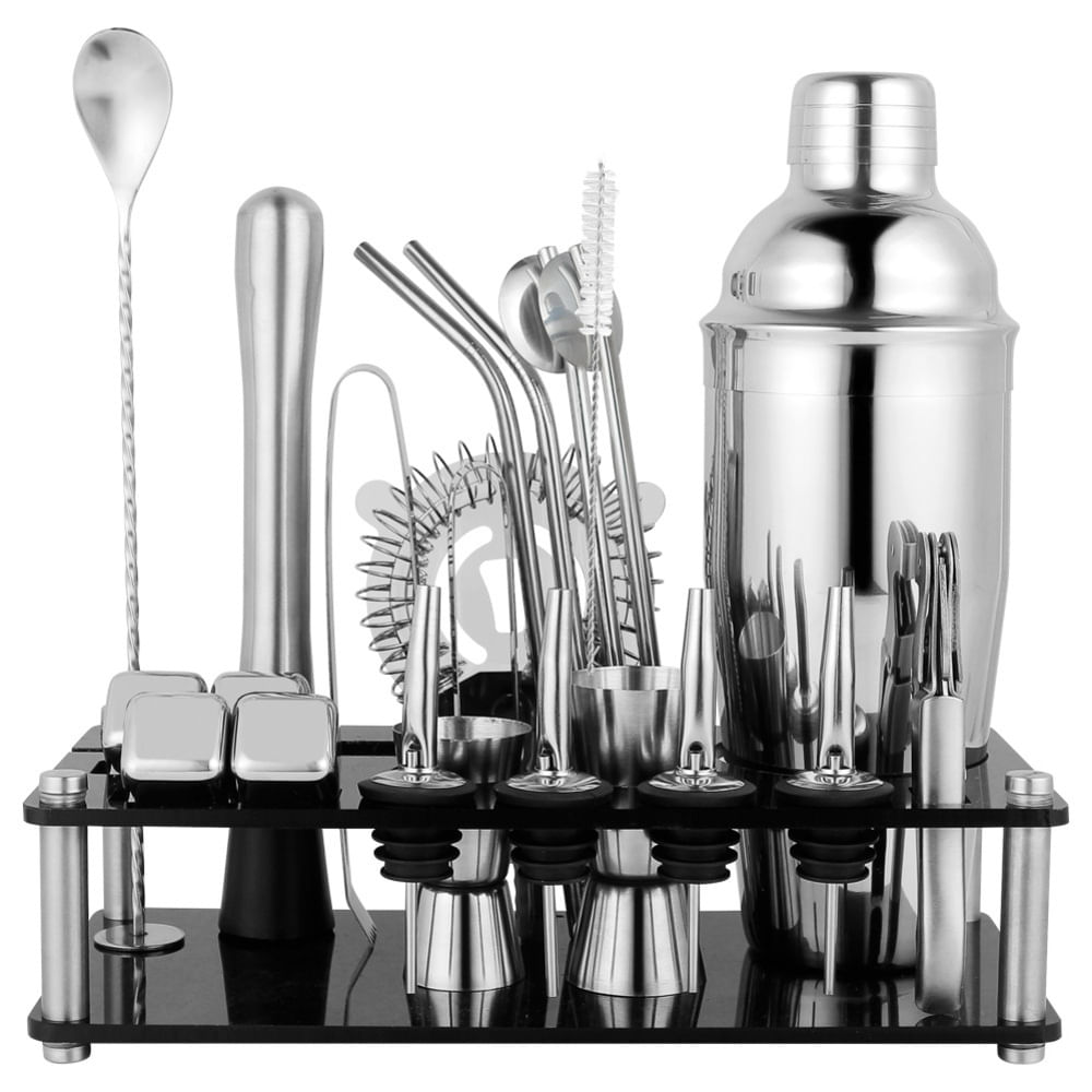 Set de Barman 23 Piezas Cocteleria Acero Inoxidable Plateado Base de Acrilico