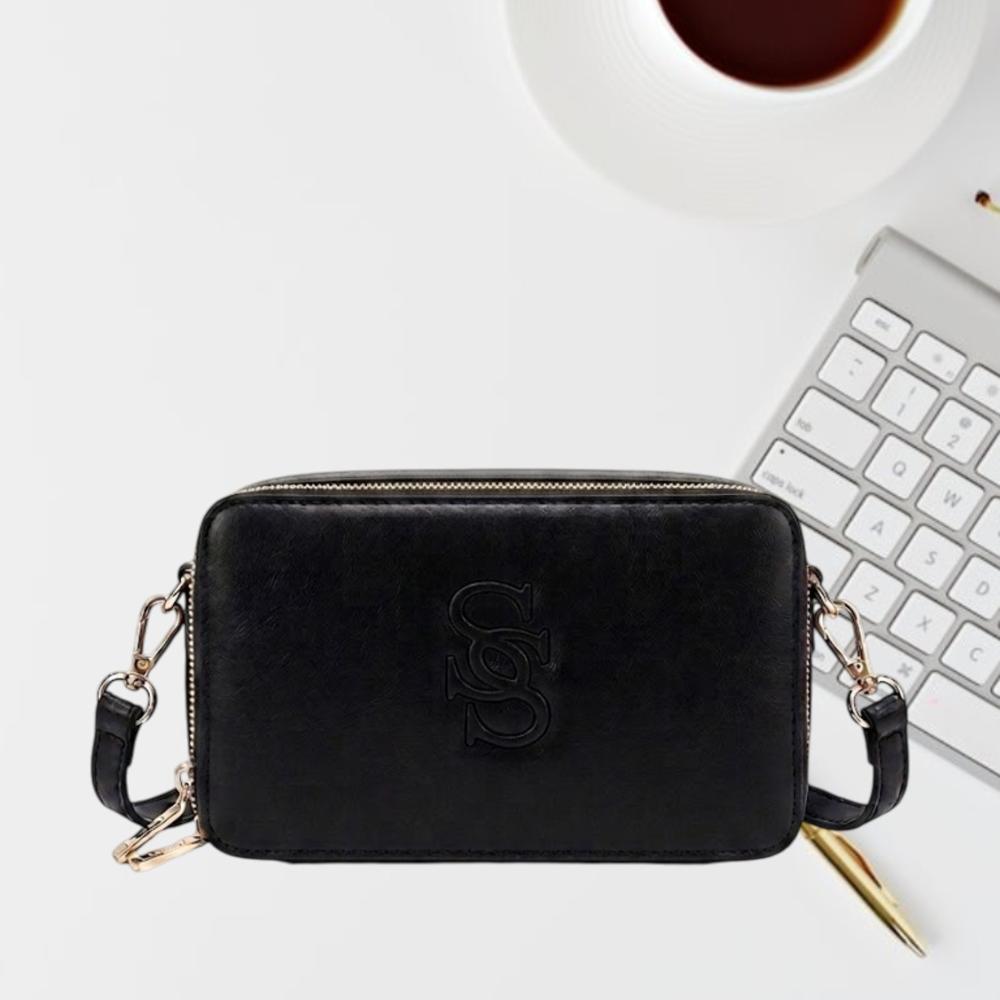 MORRAL CARTERA PORTA CELULAR NEGRO CON DOBLE CIERRE DORADO
