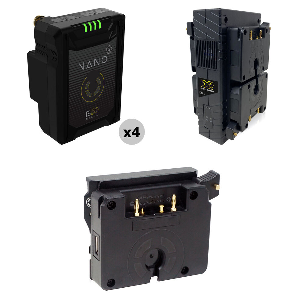 Core SWX NANO Micro 50 Kit - 4 Baterías Li-Ion 49Wh Gold Mount + Cargador GP-X4A para RED