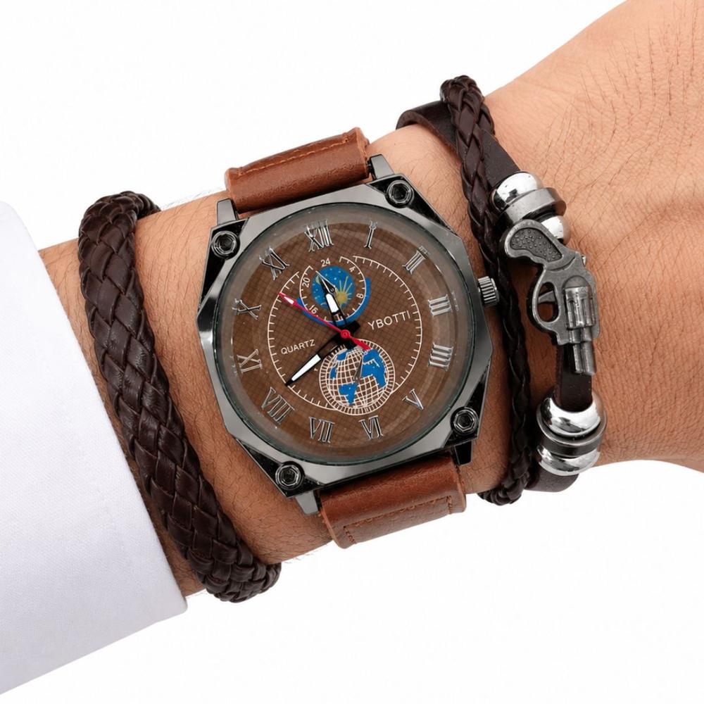 Set Reloj Analógico Cuarzo para Hombre con Pulseras Revolver para Regalo Marrón