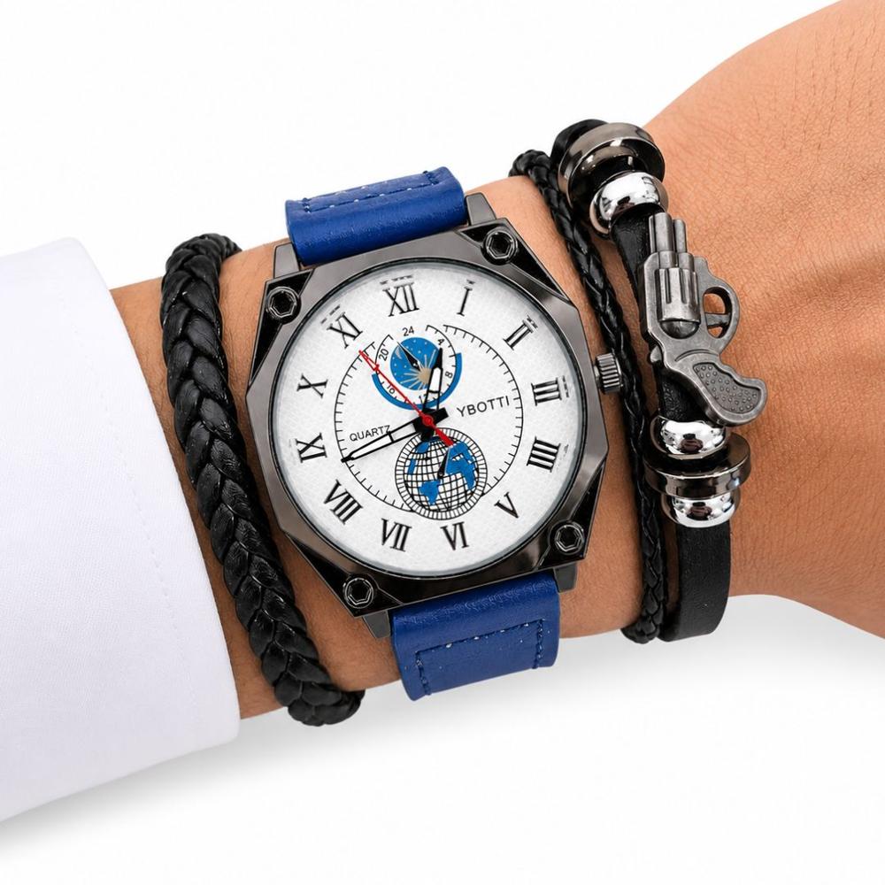 Set Reloj Analógico Cuarzo para Hombre con Pulseras Revolver para Regalo Azul
