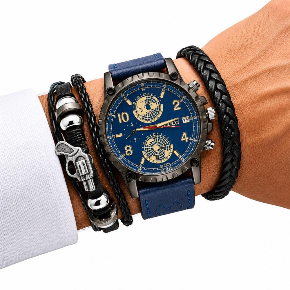 Set Reloj Analógico Cuarzo para Hombre con Pulseras Revolver para Regalo - Azul Marino