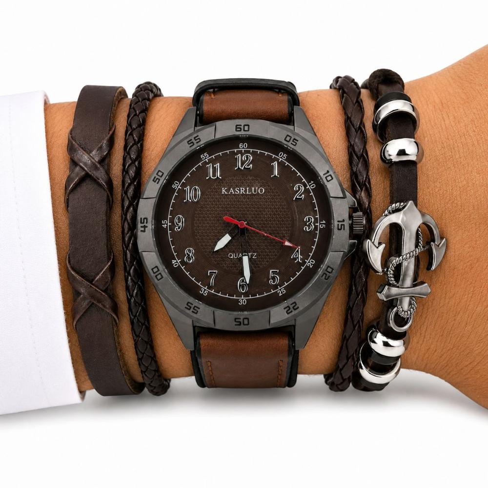 Set Reloj Analógico Cuarzo para Hombre con Pulseras Ancla para Regalo - Marrón