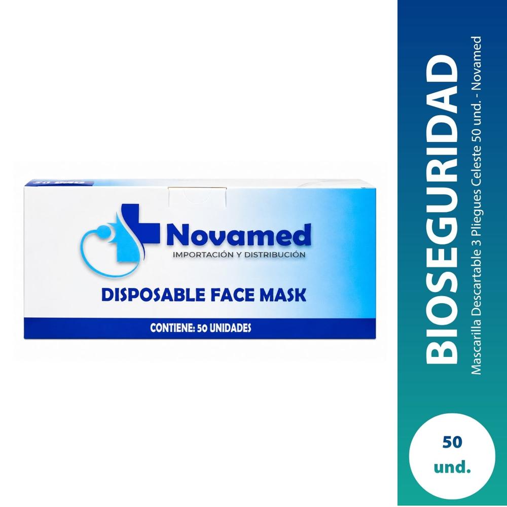 Mascarilla Descartable 3 Pliegues Celeste 50 und. - Novamed