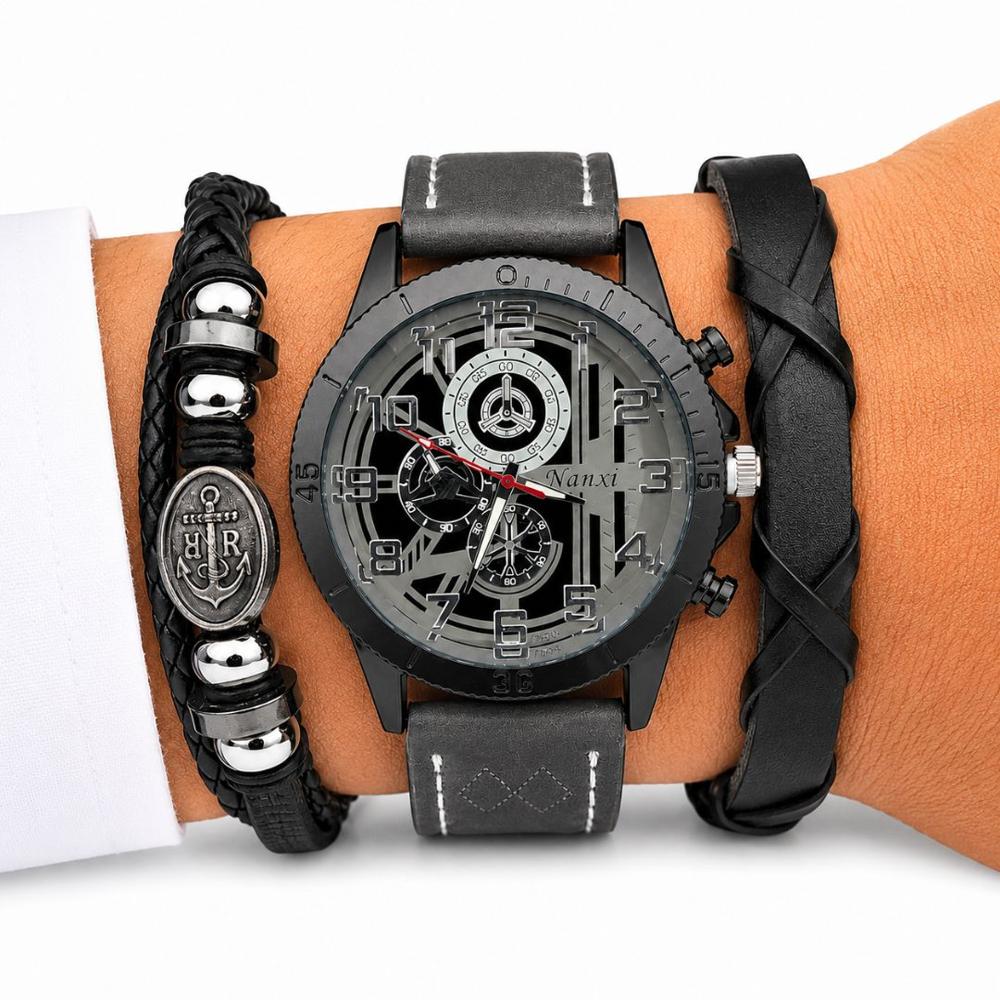 Set Reloj Analógico Cuarzo para Hombre con Pulseras Ancla para Regalo - Gris