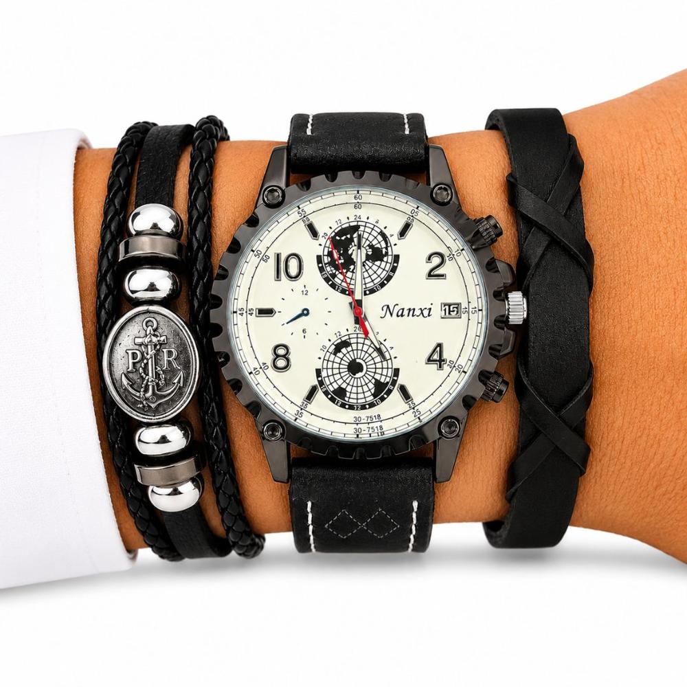 Set Reloj Analógico Cuarzo para Hombre con Pulseras Ancla para Regalo - Negro