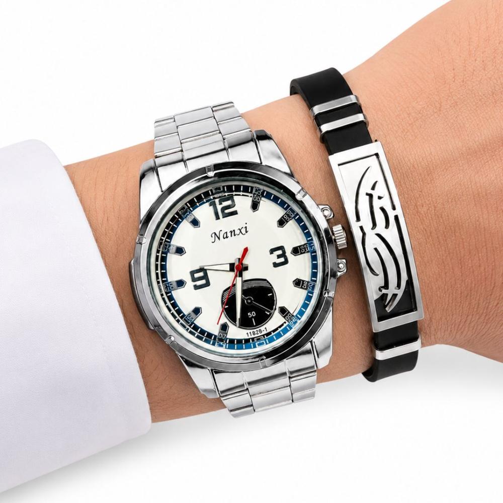 Set Reloj Analógico Cuarzo para Hombre Plateado con Pulsera para Regalo