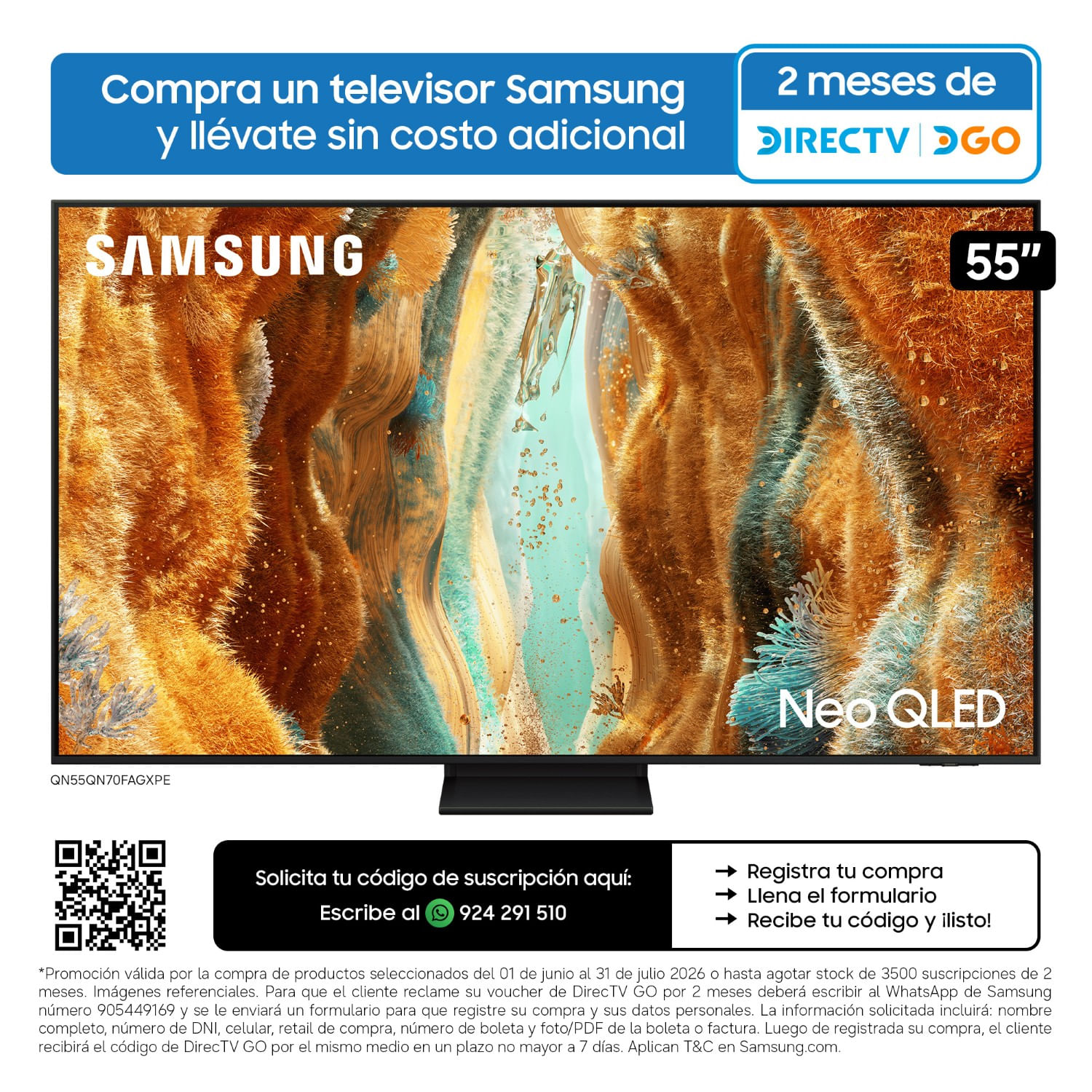 Televisor Samsung QN55QN70FAGXPE 55"" Neo QLED 4K QN70F Vision AI SmartTV(2025)
