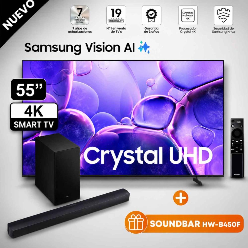 Televisor Samsung 55 Pulg. Crystal 4K UHD UN55U8000FGXPE Smart TV Modelo Nuevo - Soundbar HW-B450F