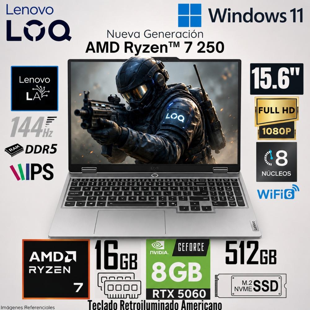 Laptop Lenovo LOQ 15AHP10 AMD Ryzen 7 250 16GB RAM 512GB SSD RTX 5060-8GB 15.6  FHD 144 - 83JG007PUS
