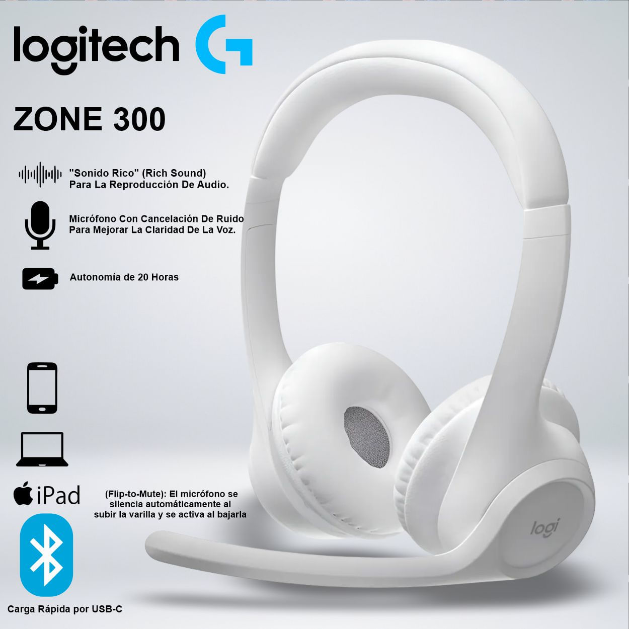 AUDIFONOS LOGITECH ZONE 300 WIRELESS USB BLUETOOTH-20HRS