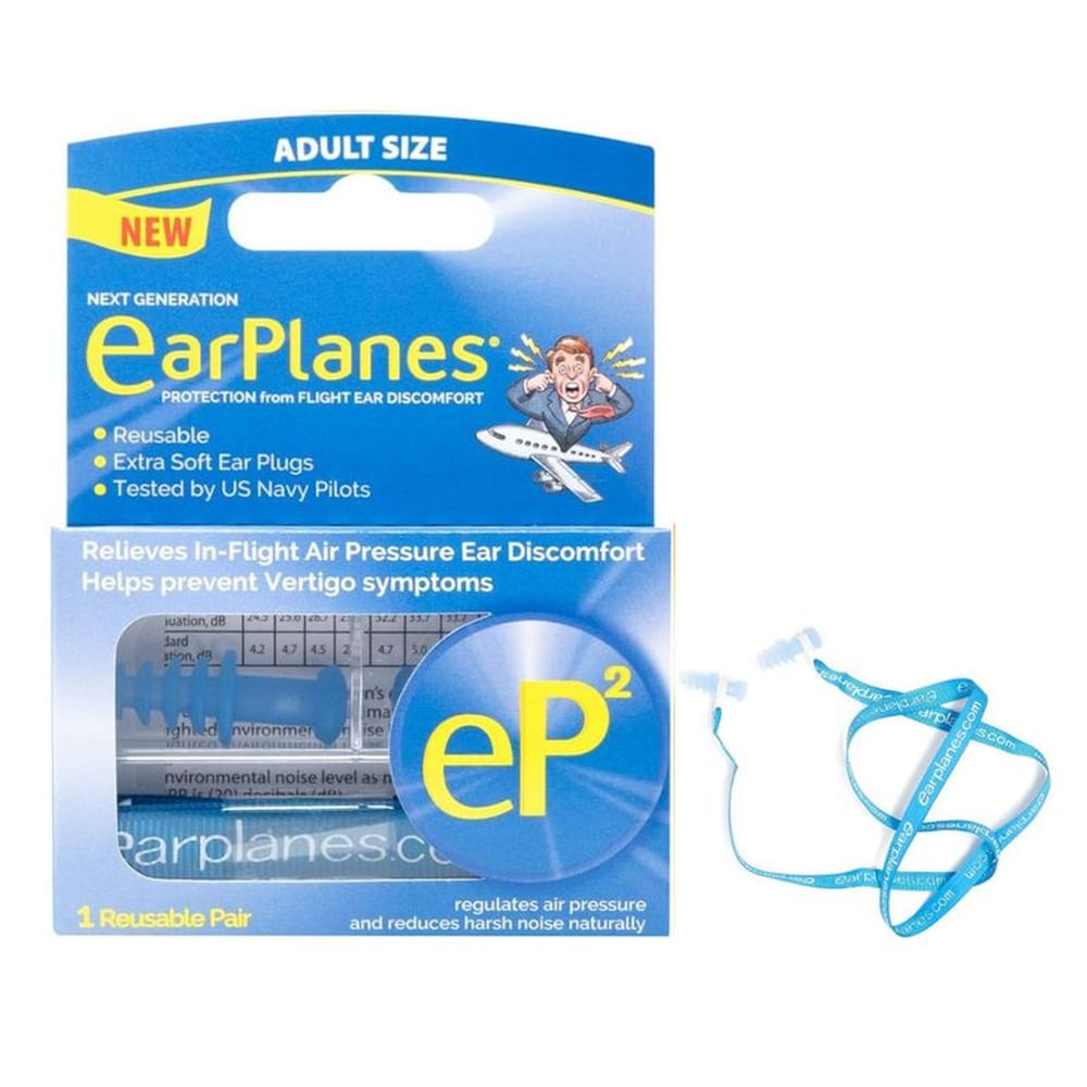 Tapones para Dolor de Oído en Avión + Cordón Sujetador - Filtro CeramX - Nuevos EP2 - EARPLANES M Azul Acero
