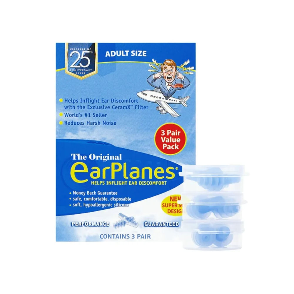 Tapones para Dolor de Oído en Avión - Adultos (3 pares) - EARPLANES M Azul