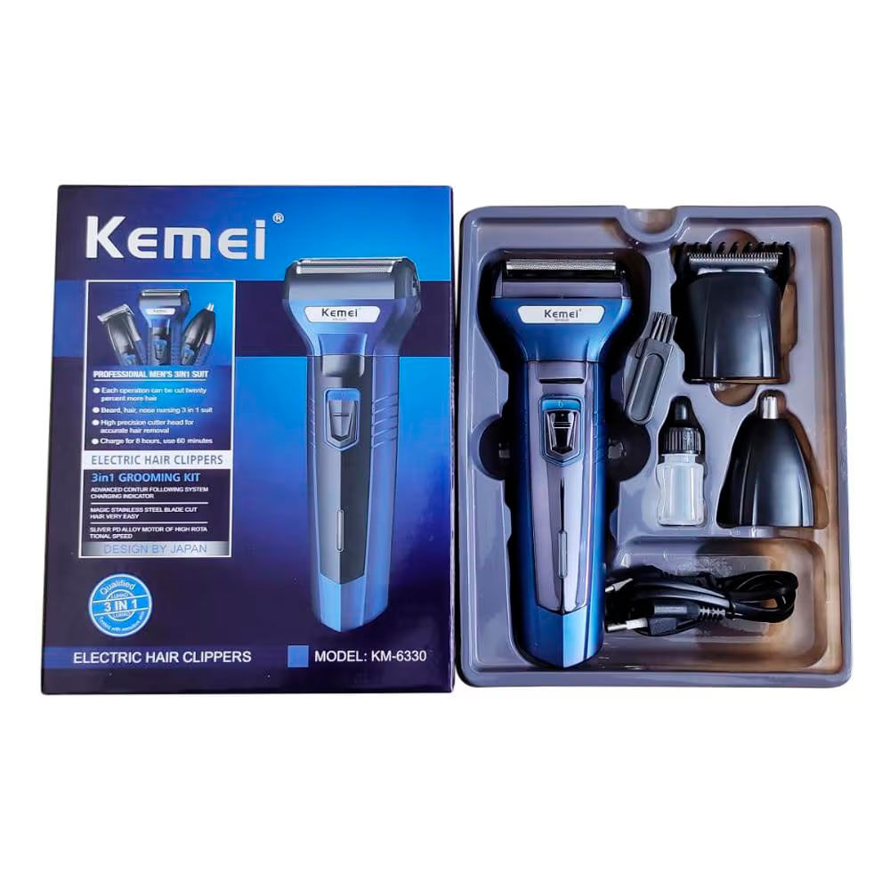 Máquina Kemei Km-6330 Cortapelos Eléctrica 3 En 1 Azul