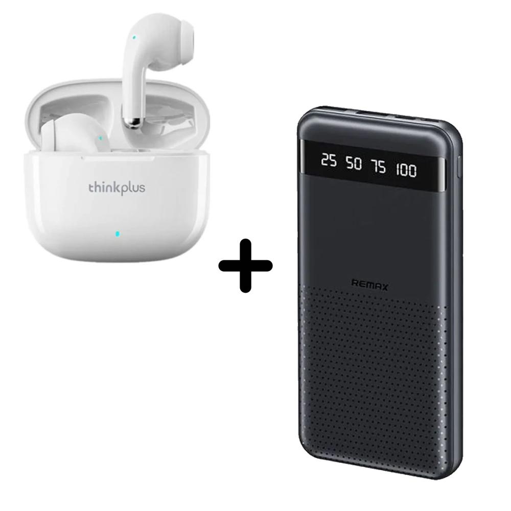 Combo Power Bank Remax RPP-10 Negro + Audífono Lenovo LP40 Pro Blanco