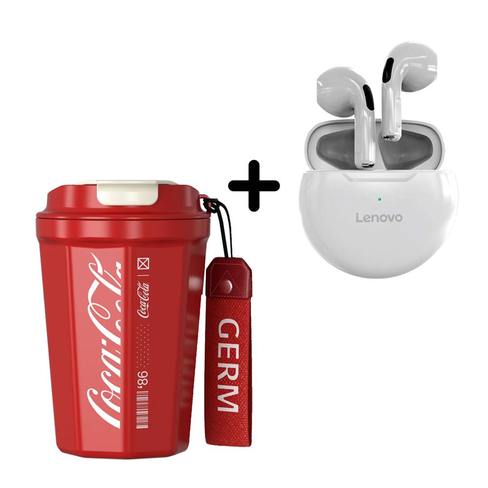 Combo Vaso Germ Rojo 390ml + Audífono Lenovo HT38 Blanco