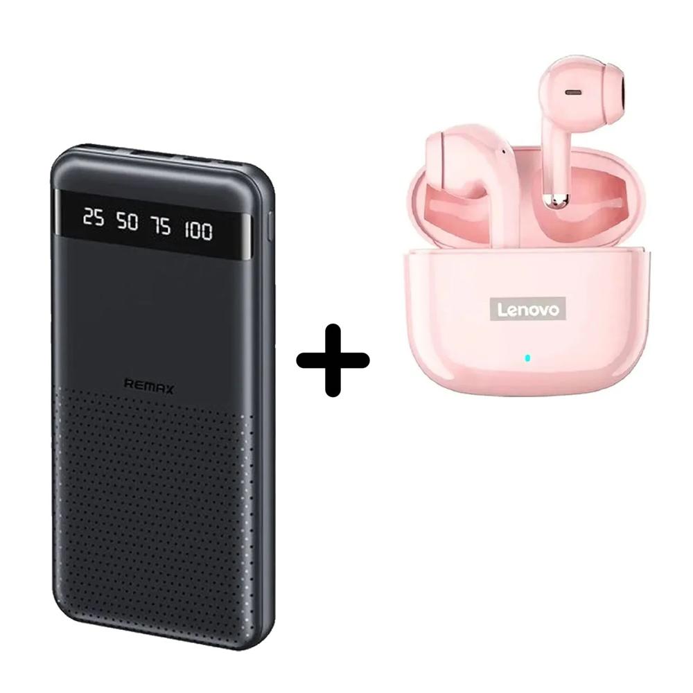 Combo Power Bank Remax RPP-10 Negro + Audífono Lenovo LP40 Pro Rosado