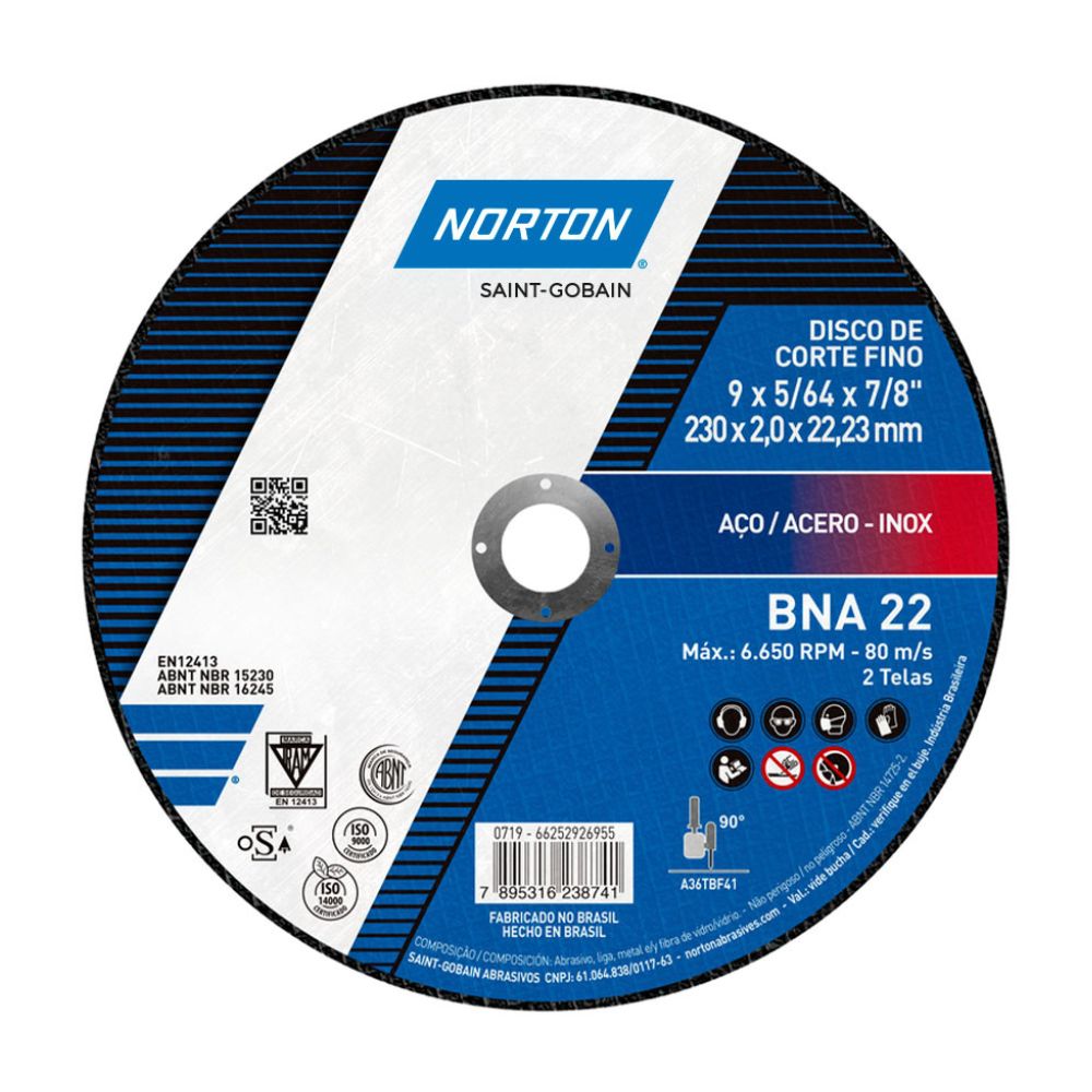 Disco de corte Inox. BNA22 9"-230x2.0mm Norton