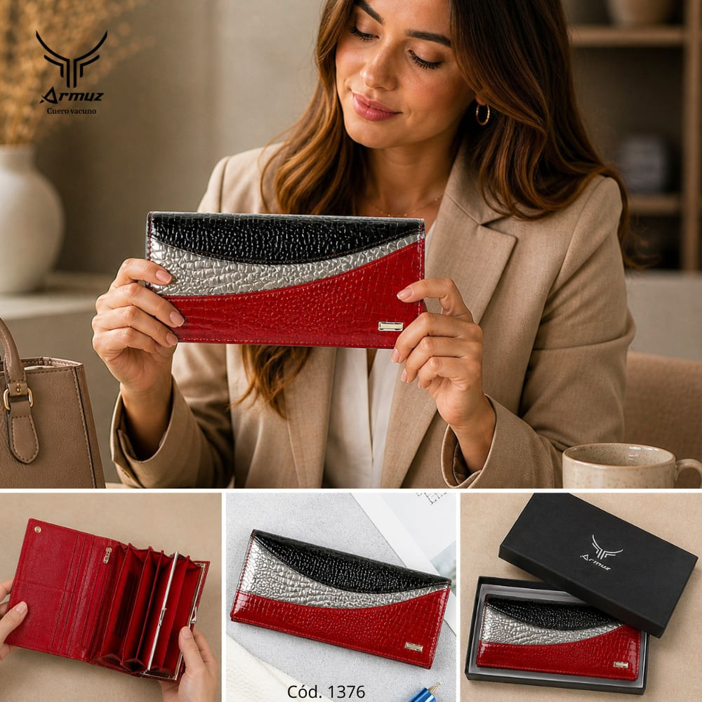 Cartera De Cuero Vacuno Diseño Práctico y Moderno 1376 Rojo