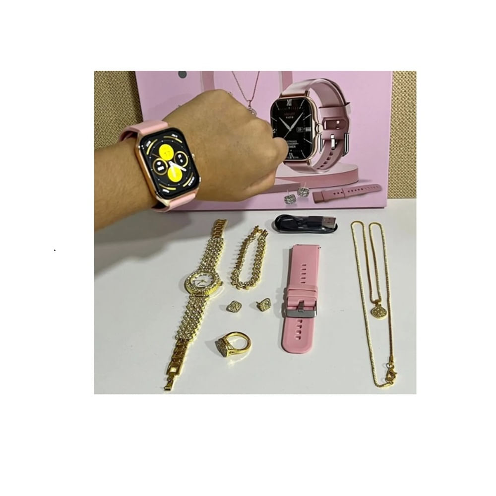 Reloj Smartwatch A58 PLUS Incluye accesorios dorados 7 en 1 para mujer Dorado