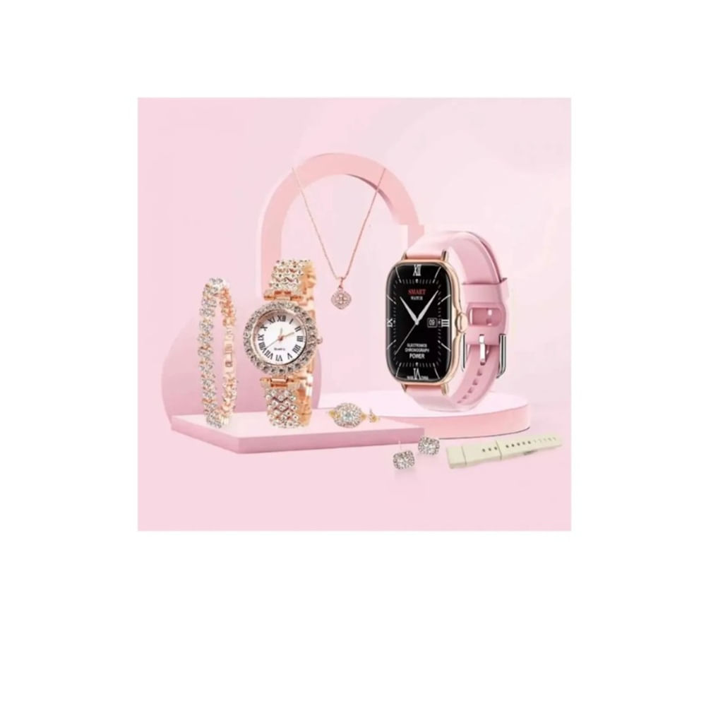 Kit Reloj  Smartwatch A58 Plus 7 En 1 Doble Reloj  ROSADO