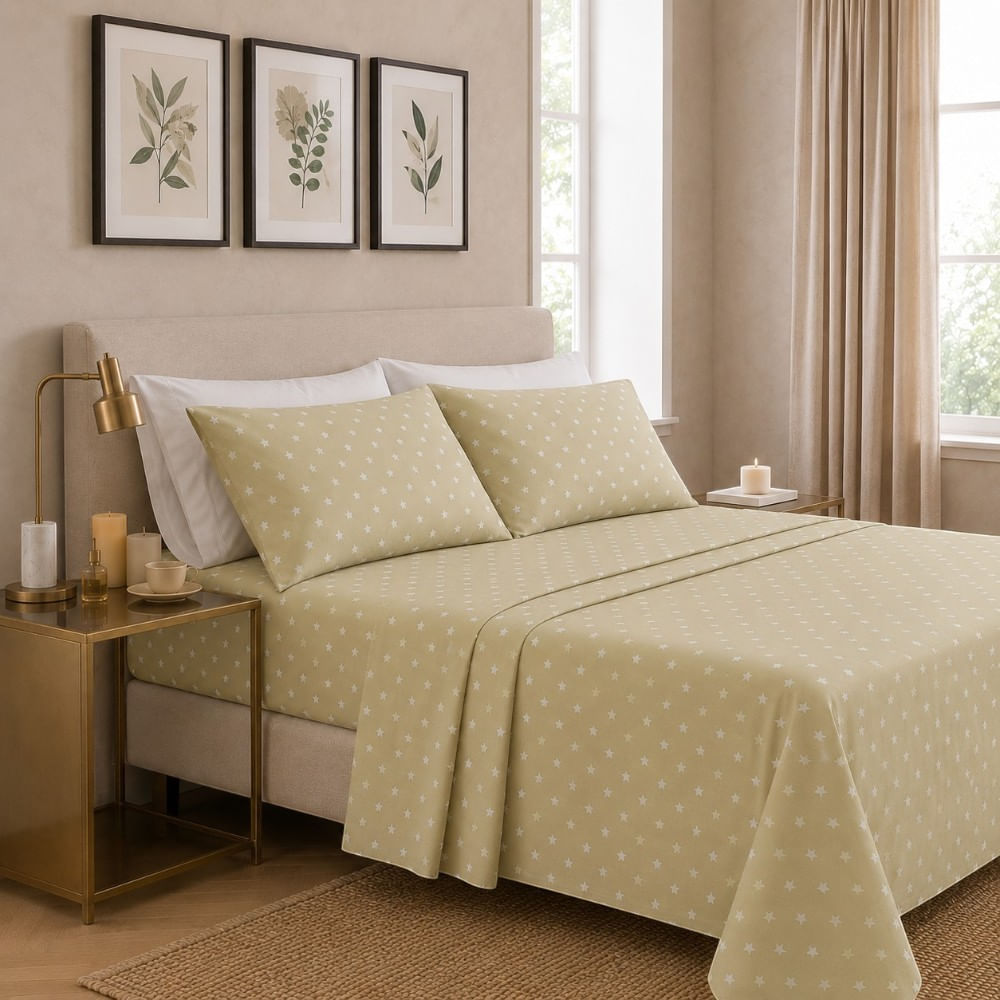 Juego de sabanas orma hogar 1.5 plazas beige con estrellas blancas 200 hilos algodón pima