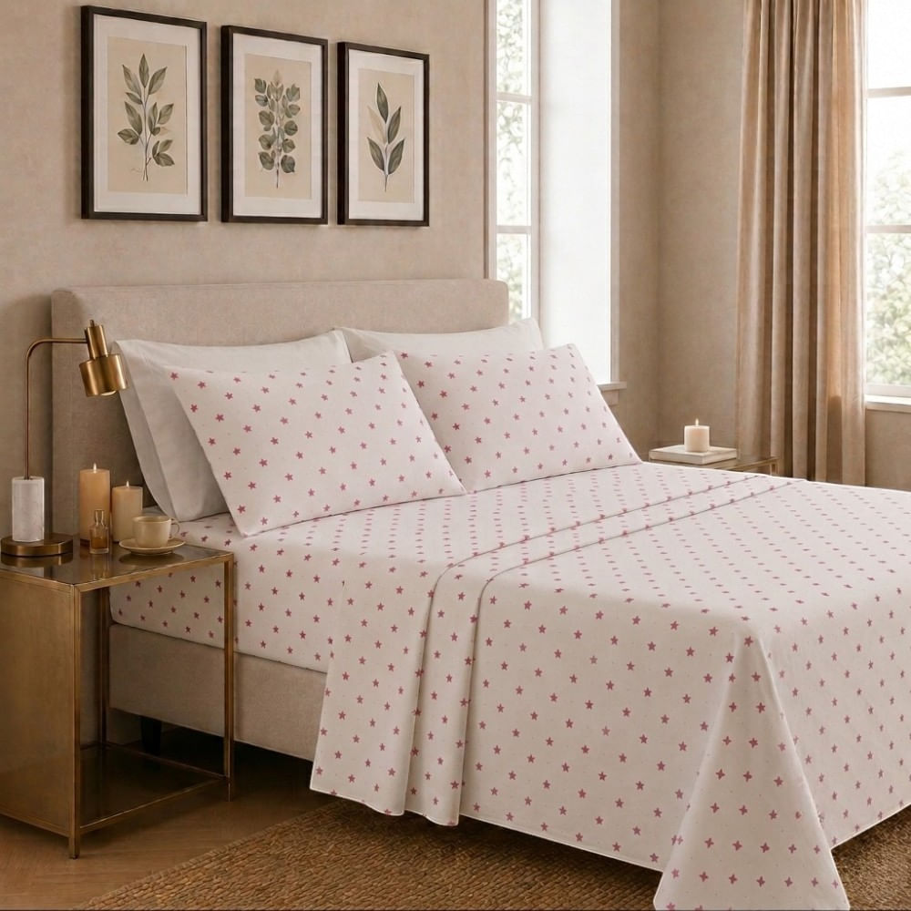 Juego de sabanas orma hogar queen blanco con estrellas rosadas 200 hilos algodón pima