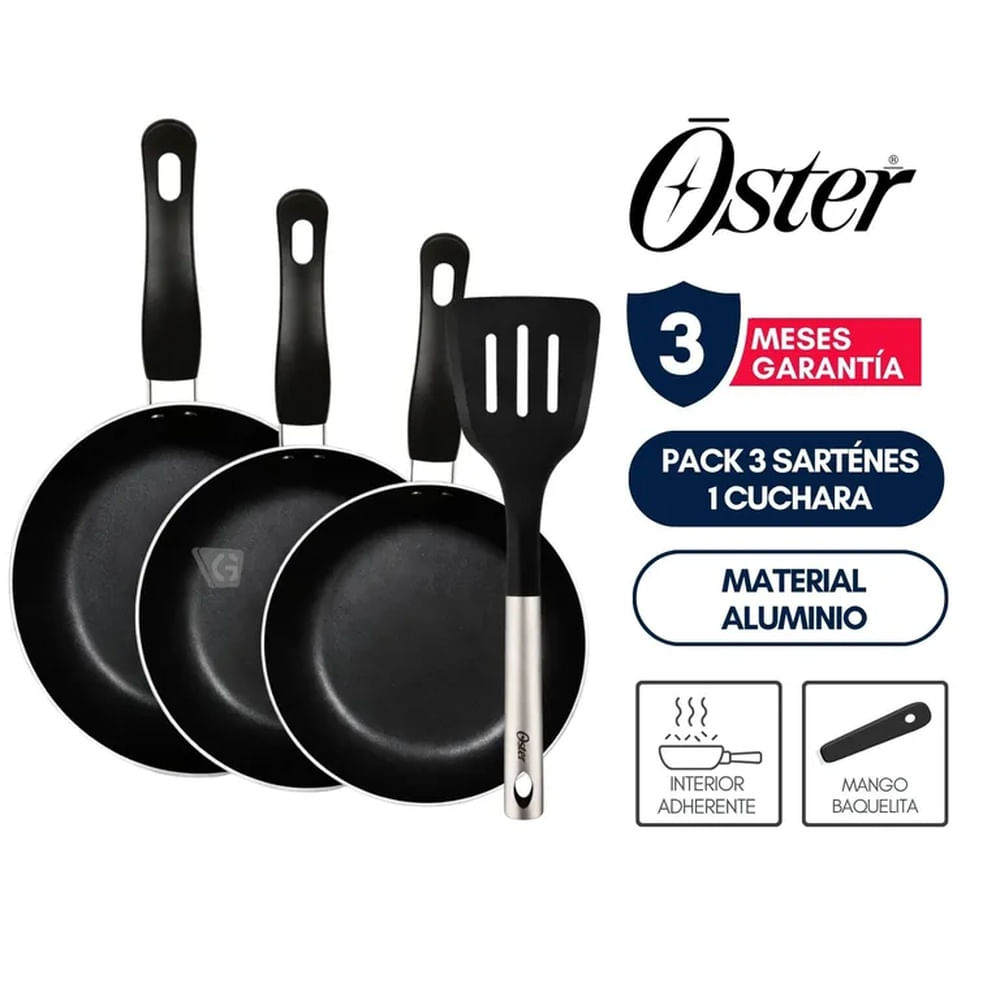 Pack x3 Sartenes de Aluminio Oster y Espátula Nylon