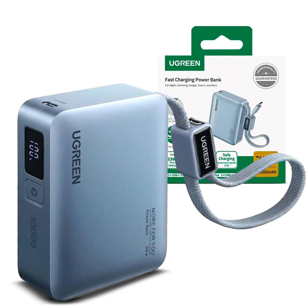 Mini Power Bank Ugreen PB584 33W 10000 mAh Pantalla con Cable Tipo C Celeste