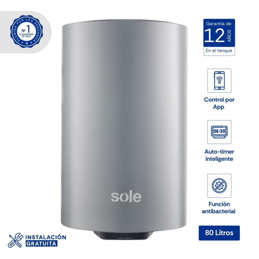 Terma Eléctrica Sole Genius Wifi 80 litros en Acero Aporcelanado Gris Modelo SOLTEGE080C