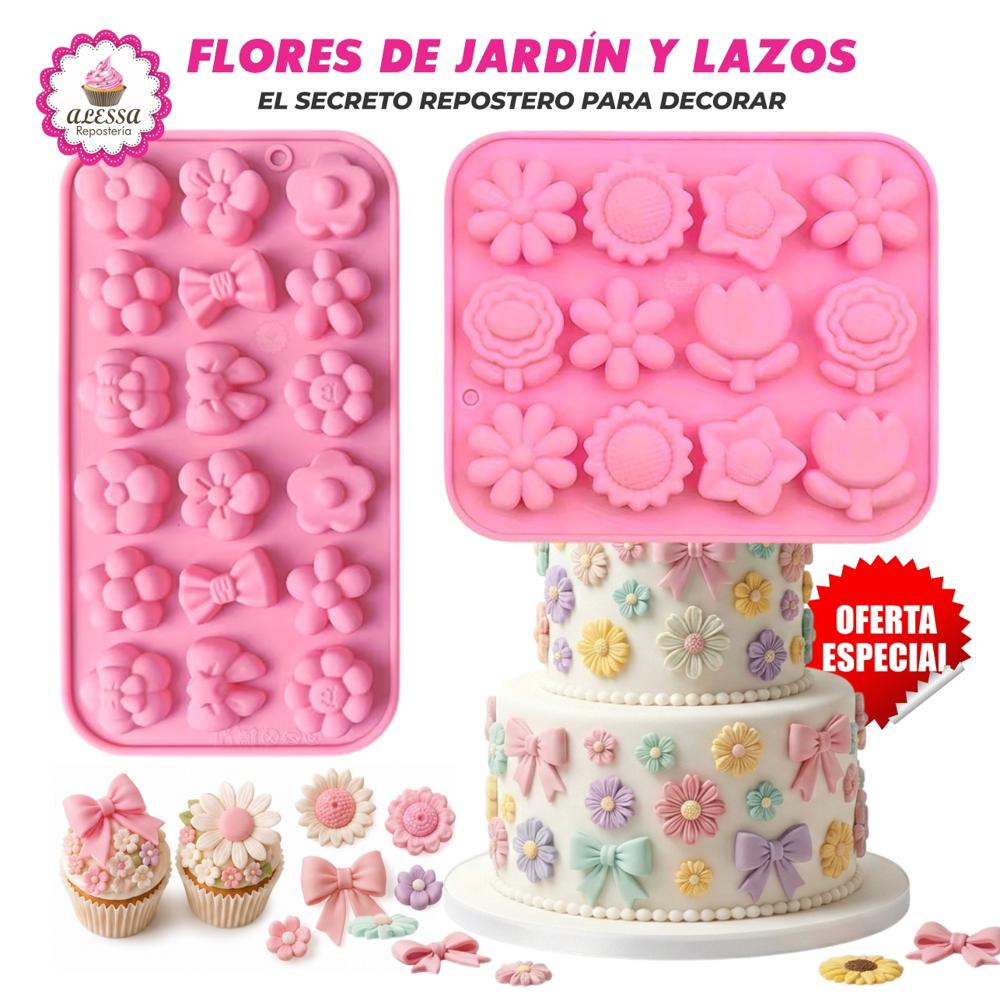 Pack de 2 Moldes de Silicona de Flores de Jardín y Lazos para Repostería