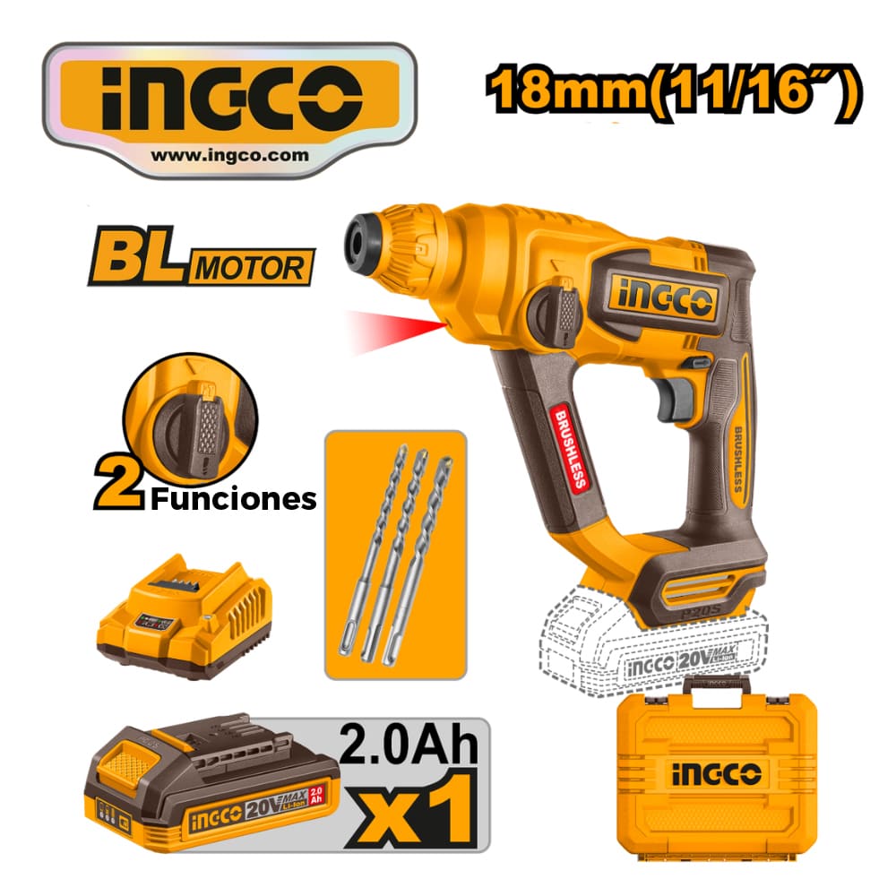 Rotomartillo Brushless Ingco 20V 18MM 1.8J SDS PLUS con 1 Batería 2.0AH con Cargador CRHLI201881