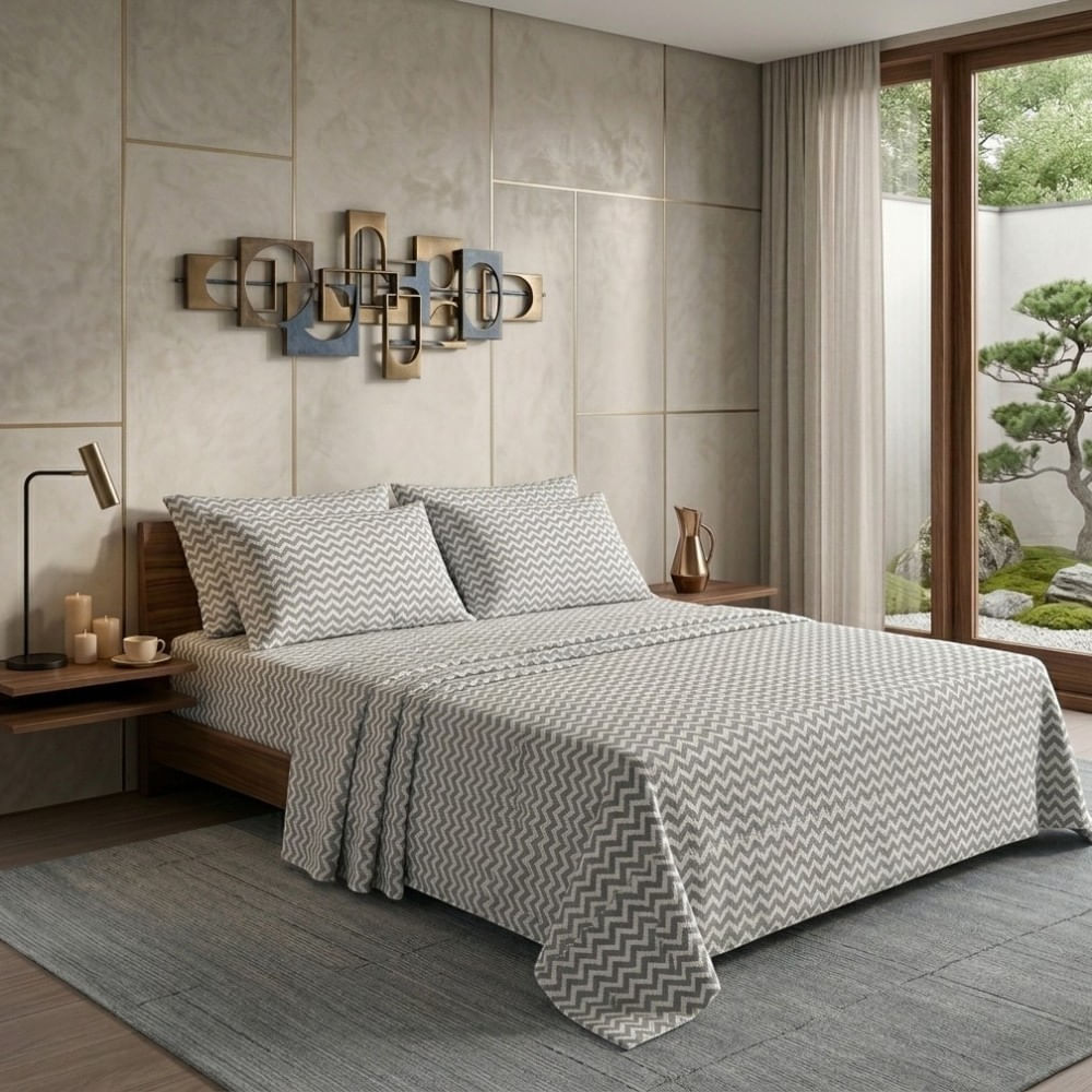Juego de sabanas orma hogar queen blanco con zigzag plomo 200 hilos algodón pima