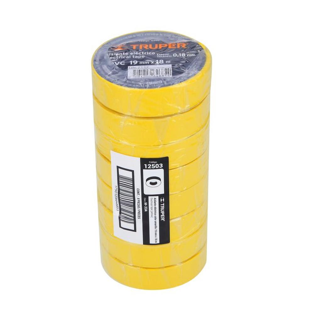 Pack x 8 Cinta Aislante Truper 0.75 pulgadas x 18m 12503 - Amarillo