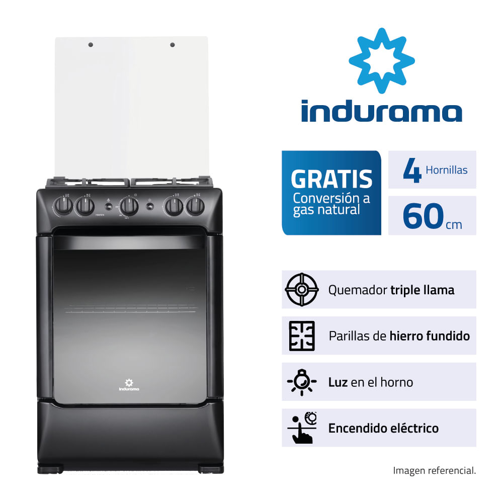 Cocina Indurama Pompeya a Gas 4 Quemadores Negra