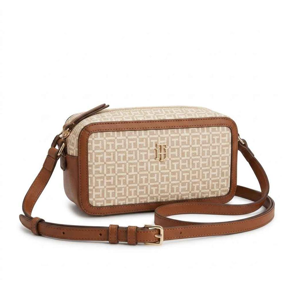 CARTERA CROSSBODY TOMMY HILFIGER MONOGRAFIADO BEIGE BORDE MARRÓN