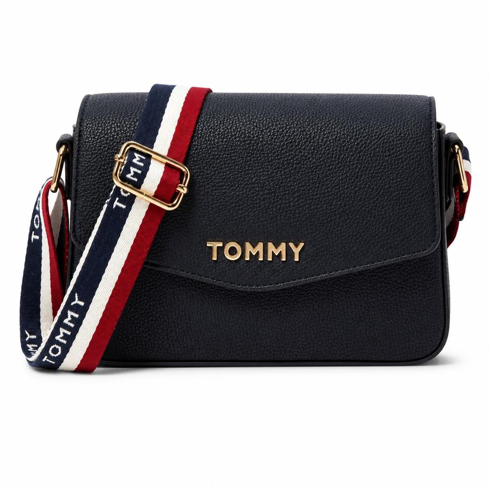 CARTERA CROSSBODY TOMMY HILFIGER NEGRO CON CINTA MONOGRAFIADA BLANCO Y ROJO