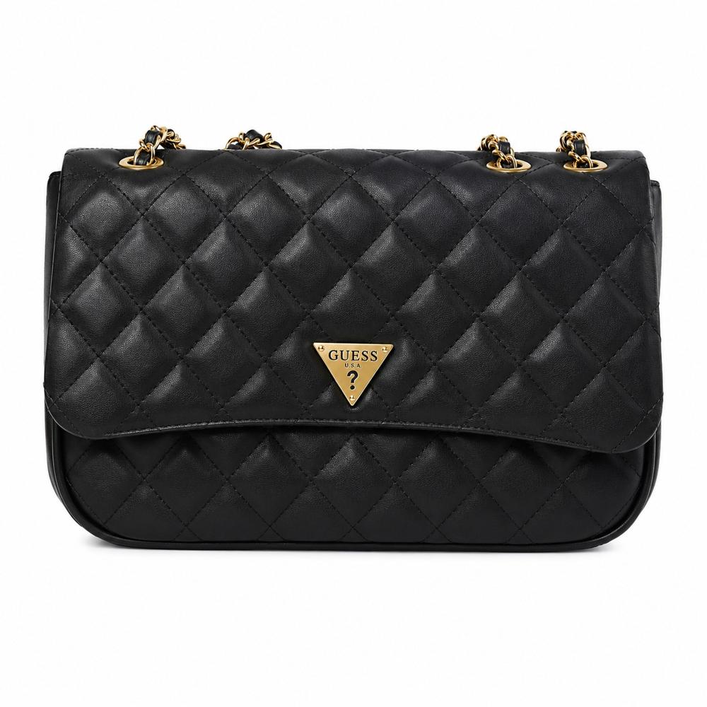 CARTERA CROSSBODY GUESS NEGRO CON TEXTURA Y CADENA DORADA