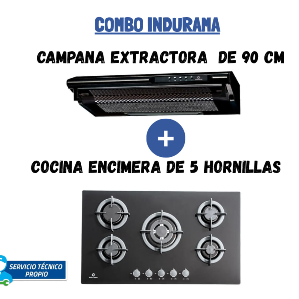 COMBO Encimera Indurama Egi-905vdneg Negro 5 Quemadores Y Campana Extractora Indurama 90 cm  Negro