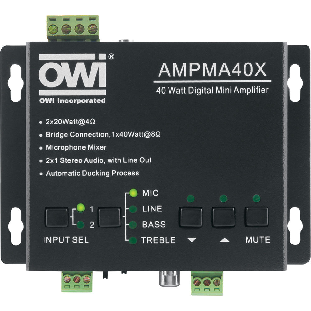 OWI Inc. Amplificador Mini Digital AMPMA40X 40W con Mezclador de Micrófono y Ecualizador,