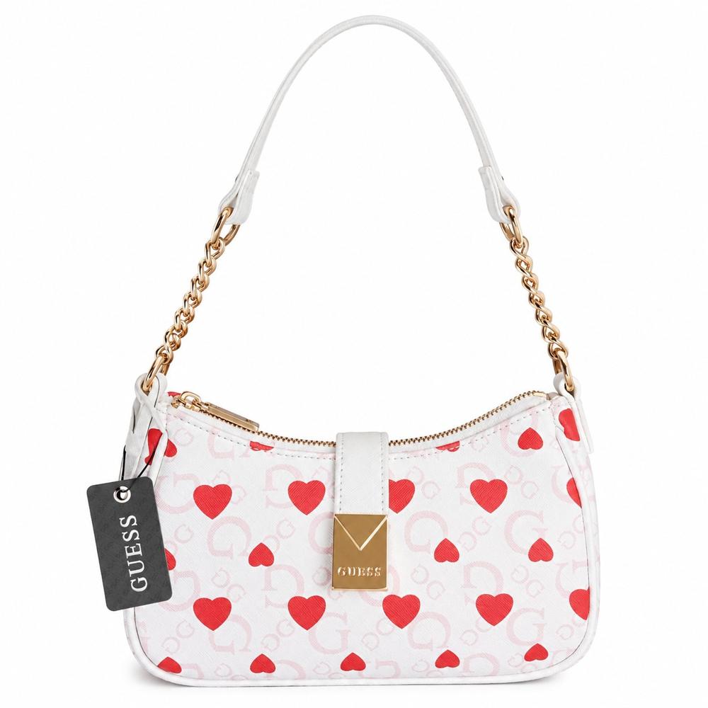 CARTERA SHOULDER BAG GUESS MONOGRAFIADA BLANCA CON CORAZONES