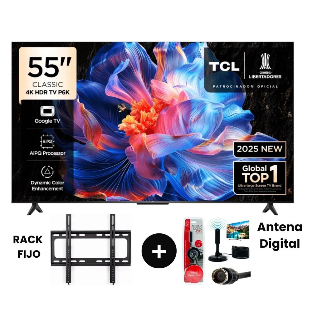 Televisor TCL 55 4K UHD Modelo 55P6K más Antena Digital más Rack