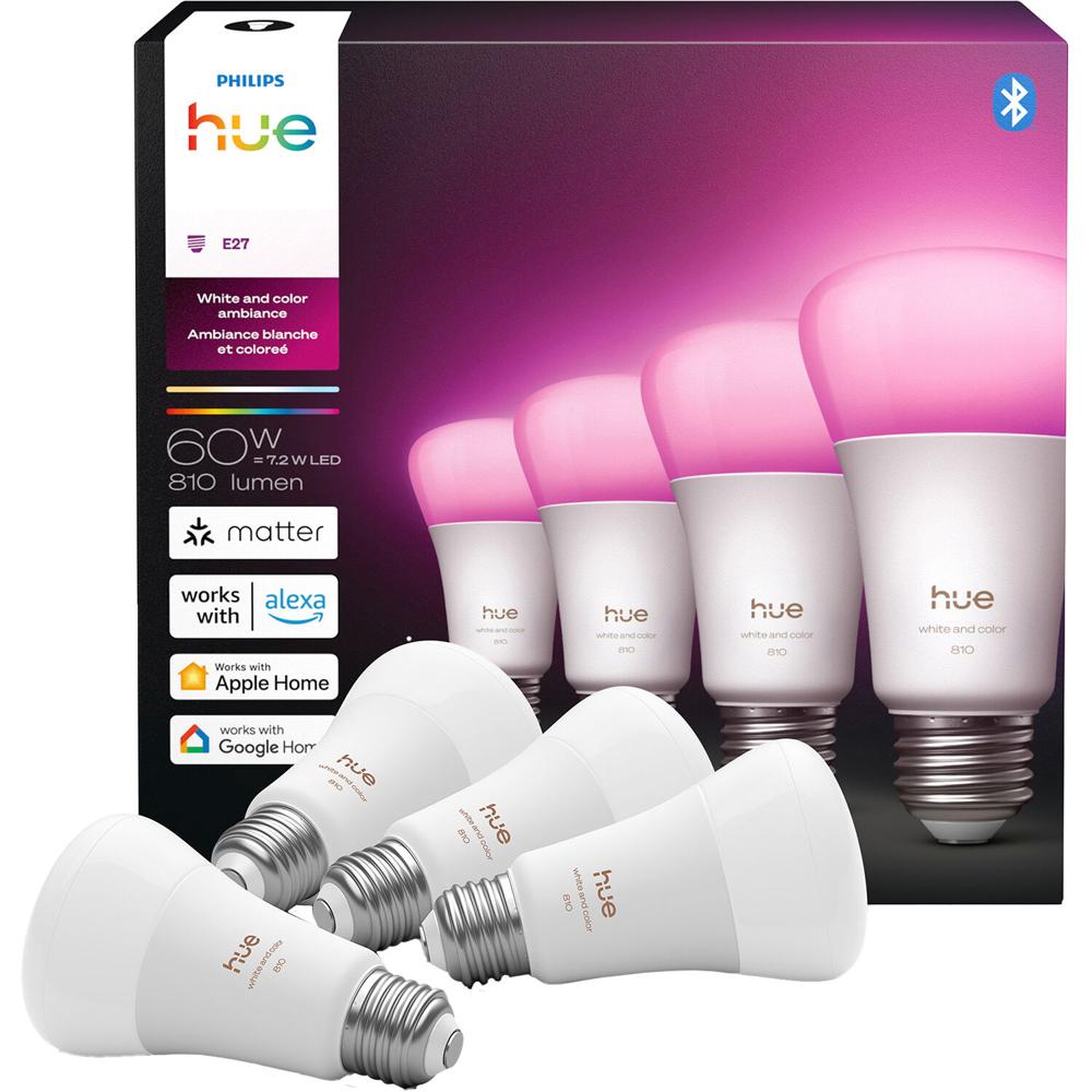 Philips Bombilla Hue A19 Bluetooth (Blanco y Color, 4-Pack) - 810 Lúmenes, Temperatura de