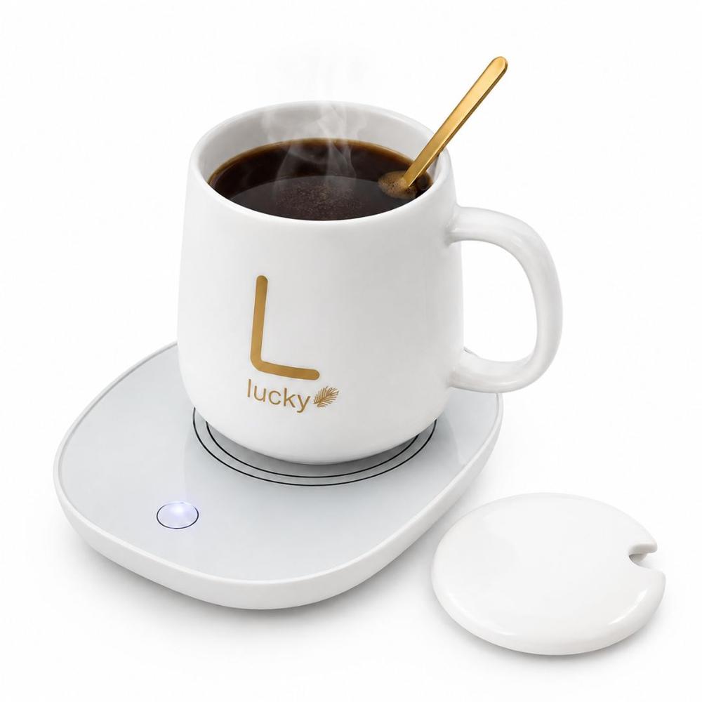 Taza Eléctrica con Calentador Café Lucky con Base Térmica Tapa y Cuchara Blanco